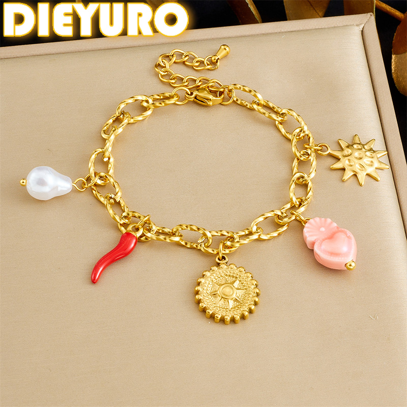 Ceramic Link Bracelet - สร้อยข้อมือจี้รูปหัวใจประดับมุกและเซรามิกสีทองทรงกลม ดีไซน์คลาสสิกใหม่ ผลิตจากสแตนเลสสตีล DIEYURO 316L เหมาะสำหรับผู้หญิง