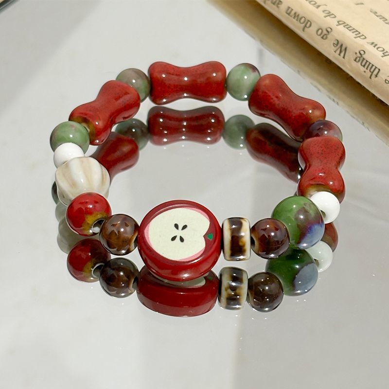 Ceramic Link Bracelet - สร้อยข้อมือลูกปัดเซรามิคสไตล์ย้อนยุคเลียนแบบแอปเปิ้ล น่ารัก สีสันหลากหลาย ประดับดาว สร้อยข้อมือผู้หญิง ดีไซน์แฟชั่น