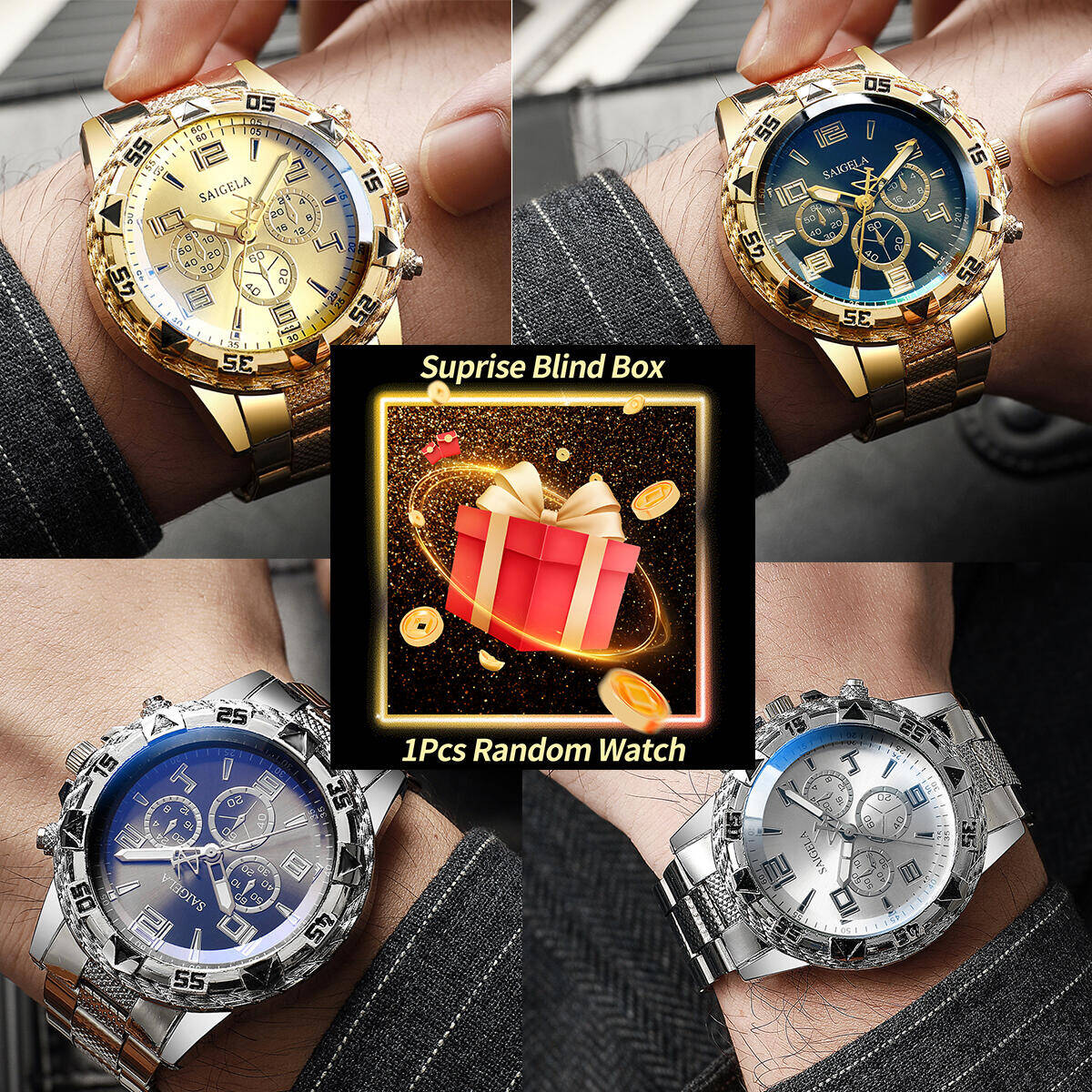 Accessories With Watch - นาฬิกาข้อมือผู้ชายแบบกล่องสุ่ม 1 ชิ้น นาฬิกาธุรกิจแฟชั่น หน้าปัดแบบอารบิก สายเหล็ก