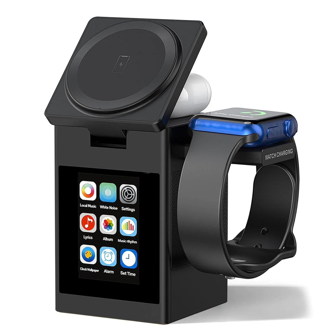 Smartwatch Icon - แท่นชาร์จไร้สายแม่เหล็กพร้อมหน้าจอ LED ลำโพงบลูทูธ นาฬิกาปลุก สำหรับ iPhone