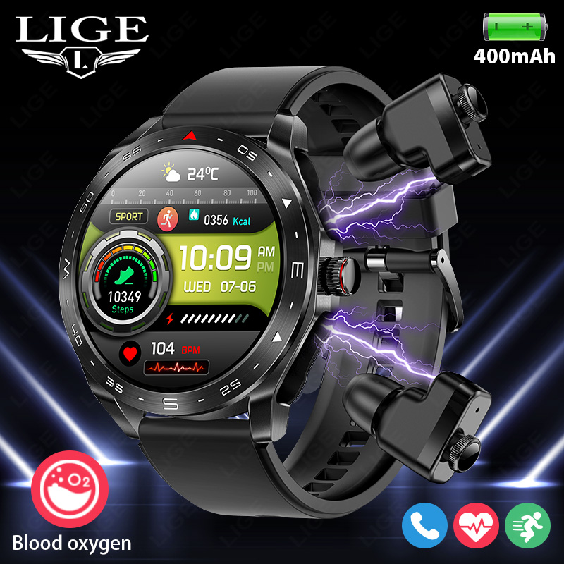 Smartwatch Store - Lige มาพร้อมกับหูฟังบลูทูธชุดหูฟังสมาร์ทวอทช์ผู้หญิงตัวติดตามลำโพงนาฬิกาสปอร์ตผู้ชายเพลงกันน้ำสมาร์ทวอท์ชหน้าจอ AMOLED